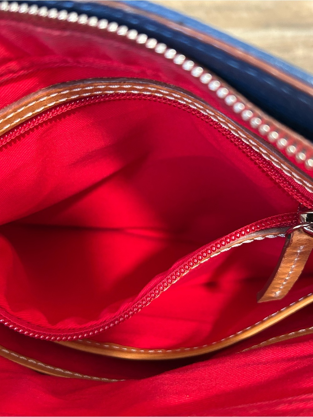 Dooney & Bourke Blue Pebble Leather Crossbody with Tan Trim and Tassel Pockets - Picture 9 of 14